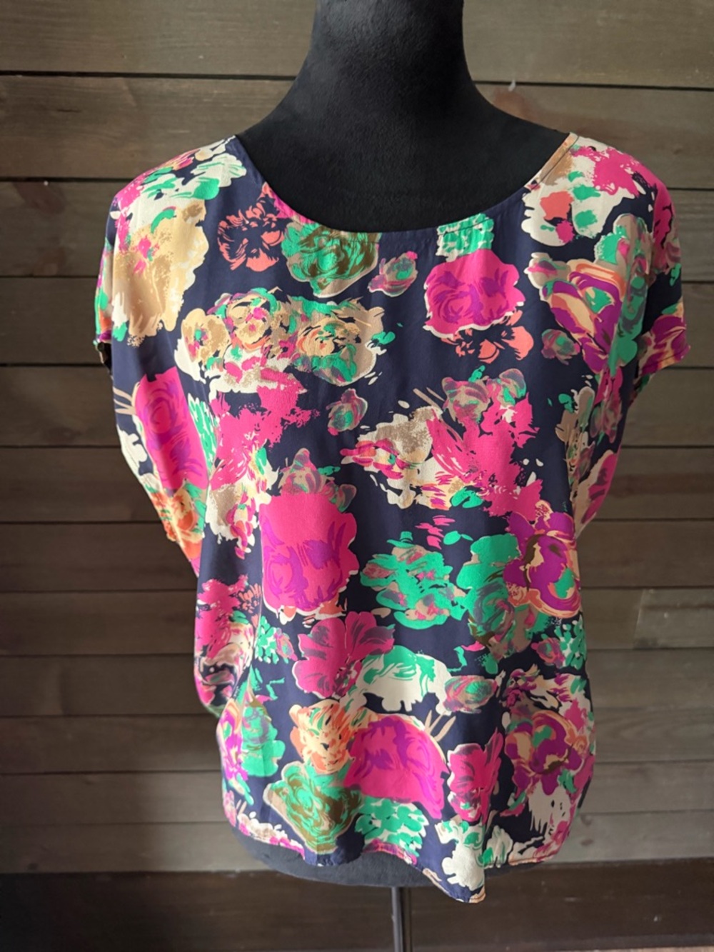 Maeve Navy Floral Print Cap-Sleeve Blouse with Pink and Green Accents